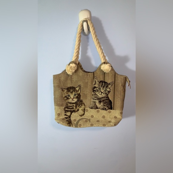 To go go Charming Cat Print tapestry Tote Bag - Brown and Tan rope handles - Picture 2 of 6
